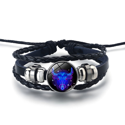 12 Constellation Gem Leather Bracelet Men Women