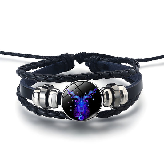 12 Constellation Gem Leather Bracelet Men Women