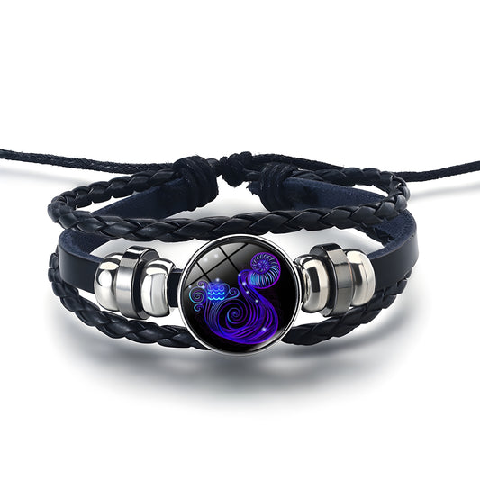 12 Constellation Gem Leather Bracelet Men Women