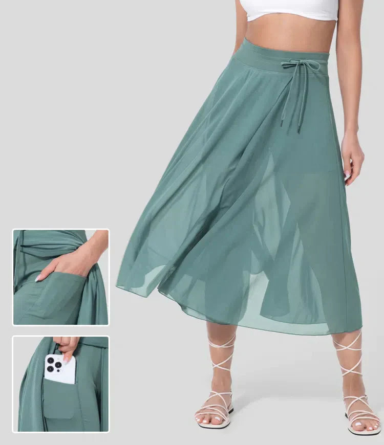 High Waisted Drawstring Contrast Mesh 2-in-1 Side Pocket Flowy Midi Flare Casual Skirt