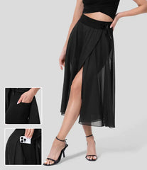 High Waisted Drawstring Contrast Mesh 2-in-1 Side Pocket Flowy Midi Flare Casual Skirt