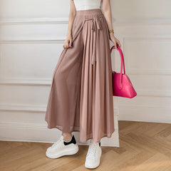 High Waisted Drawstring Contrast Mesh 2-in-1 Side Pocket Flowy Midi Flare Casual Skirt